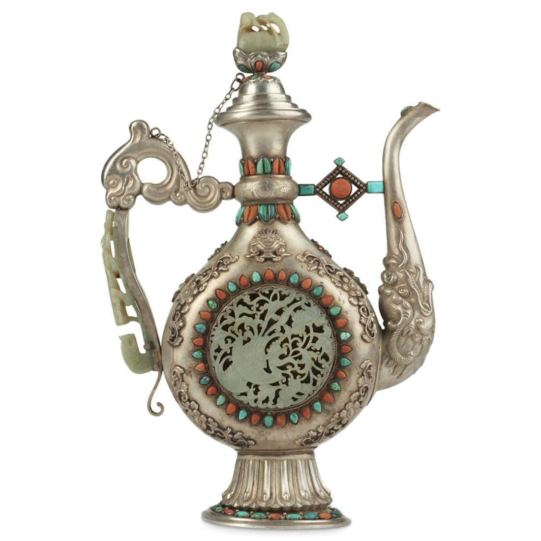 Chinese Qing/Republic Silver Jade Ewer (1 of 10)
