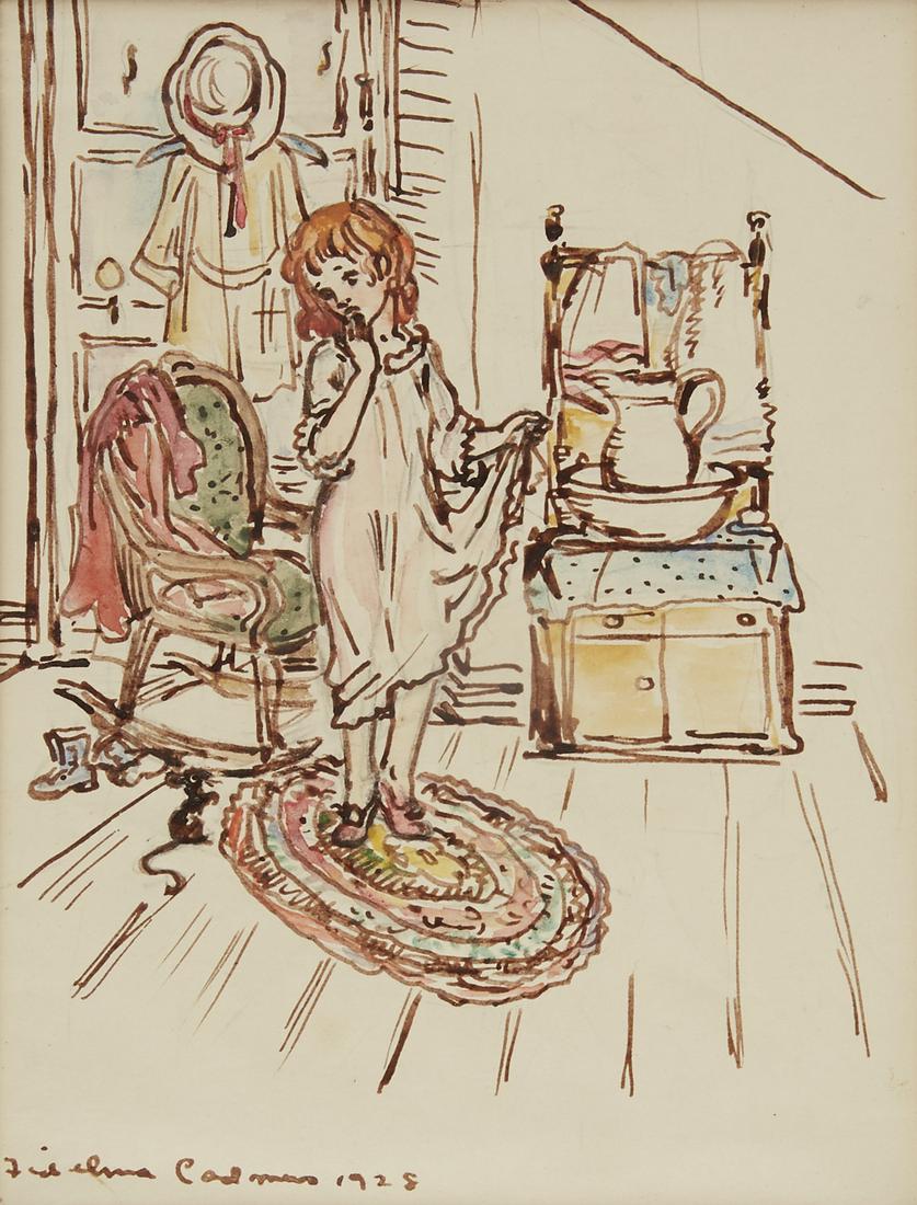 Fidelma Cadmus Kirstein Girl in Bedroom Drawing: Fidelma Cadmus Kirstein (American, 1906-1991). Ink and watercolor drawing on paper depicting a young girl standing in a bedroom, holding the edge of her nightgown skirt. Signed and dated 1925 along th