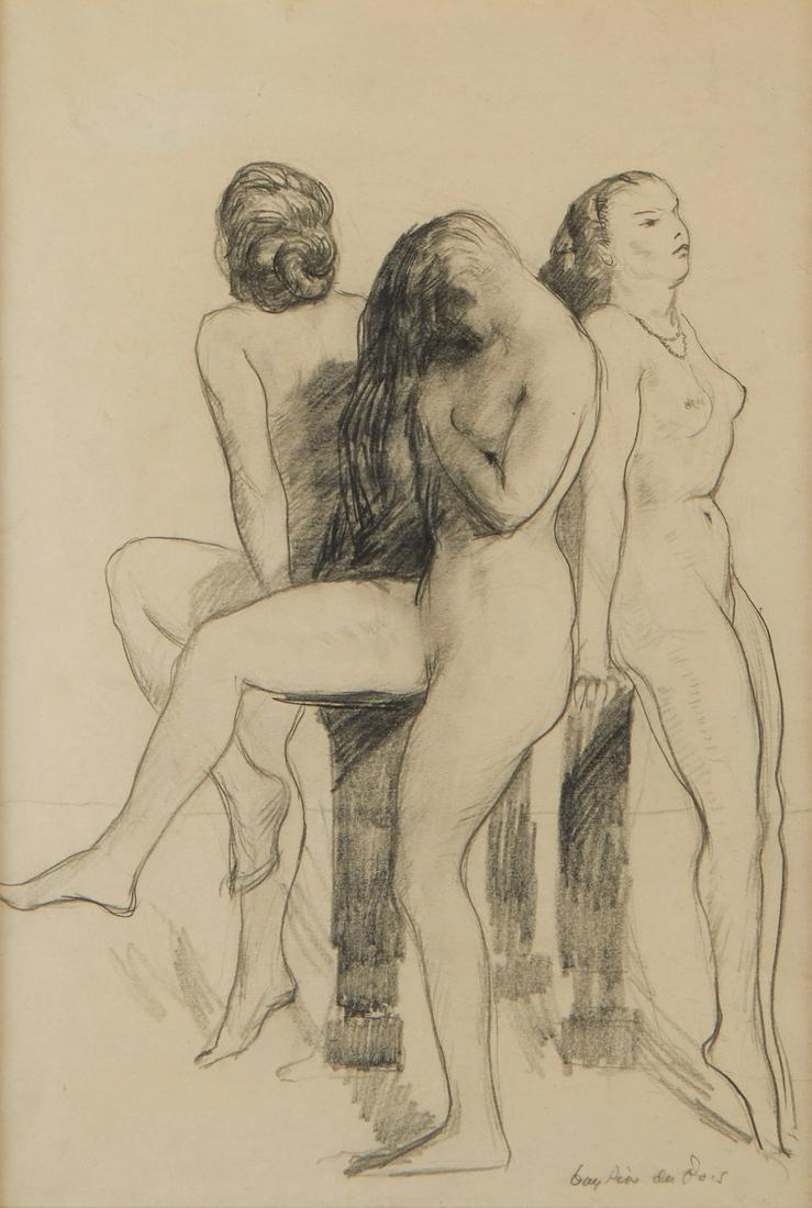 Guy Pene Du Bois Graphite Drawing Nudes: Guy Pene Du Bois (American, 1884-1958). Graphite on paper drawing depicting three nude women, one adjusting her hair. Signed along the lower right . Sight; Height: 17 in x width: 12 in. Framed; Height