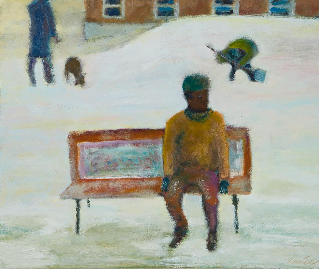 Daniel Kaniess Oil on Board Painting: Daniel Kaniess (1955-2012). Oil on board painting depicting a man seated on a bench. Signed along the lower right. Height: 13 in x width: 16 in.