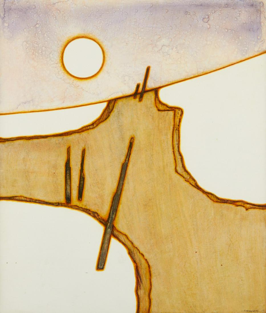 Mick Shimonek "Thaw" Acrylic Collage on Masonite: Mick Shimonek (American, 20th/21st c). Acrylic collage on masonite titled "Thaw." Signed along the lower right. Further signed, dated 1974, titled, and inscribed "acrylic collage" along the verso. A g