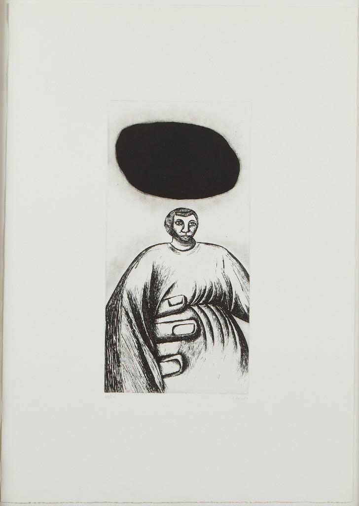 Enzo Cucchi La Mano di Pietra Etching: Enzo Cucchi (Italian, b. 1949). Etching on paper titled "La Mano di Pietra," 1982. Pencil signed along the lower right and numbered 49/50 along the lower left. A label from Pace Editions Inc., New Yor