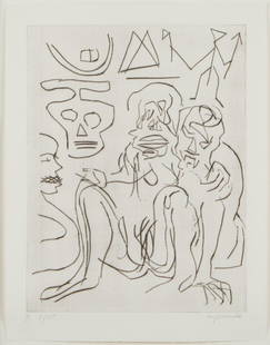 A.R. Penck Vampir und Zombie (Vampire and Zombie): Ralf "A.R. Penck" Winkler (German, 1939-2017). Drypoint on paper titled "Vampir und Zombie" (Vampire and Zombie). Pencil signed along the lower right and numbered 8/50 along the lower left. From the p