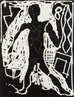 A.R. Penck "Die Arbeit Geht Weiter (This Work Continues: Ralf "A.R. Penck" Winkler (German, 1939-2017). Woodcut on Hahnemuhle handmade paper titled "Die Arbeit Geht Weiter" (This Work Continues On). Pencil signed along the lower right and numbered 8/50 alon