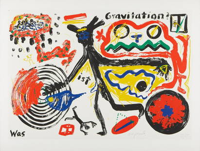 A.R. Penck "What is Gravity?" Silkscreen: A.R. Penck (German, 1939-2017). Silkscreen on paper titled "What is Gravity?" depicting an abstracted figure surrounded by swirling shapes in brilliant shades of red, yellow, green, blue, and black. P