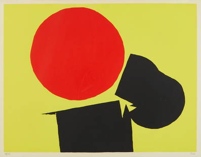 Luis Lopez Screenprint Abstract w/ Red Sun: Luis Feito Lopez (Spanish 1929-2021). Color screenprint on paper titled "Abstract with Red Sun." Signed along the lower right and numbered 79/99 along the lower left. Provenance: Meridian Gallery (197