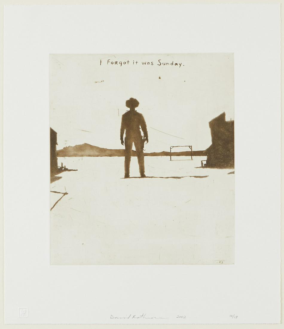 David Rathman "I Forgot It Was Sunday" Etching &: David Rathman (American, b. 1958). Etching and aquatint on paper titled "I Forgot It Was Sunday." Pencil signed and dated 2002 along the bottom edge. Editioned 10/18 along the bottom right edge. Title