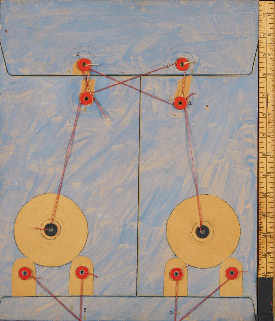 Ernest Trova "532 Tension Envelope" Mixed Media: Ernest Trova (American, 1927-2009). Mixed media artwork with envelopes and wood ruler titled "532 Tension Envelope" from the artist's "Tension Envelope" series. Signed and titled along the verso. Prov