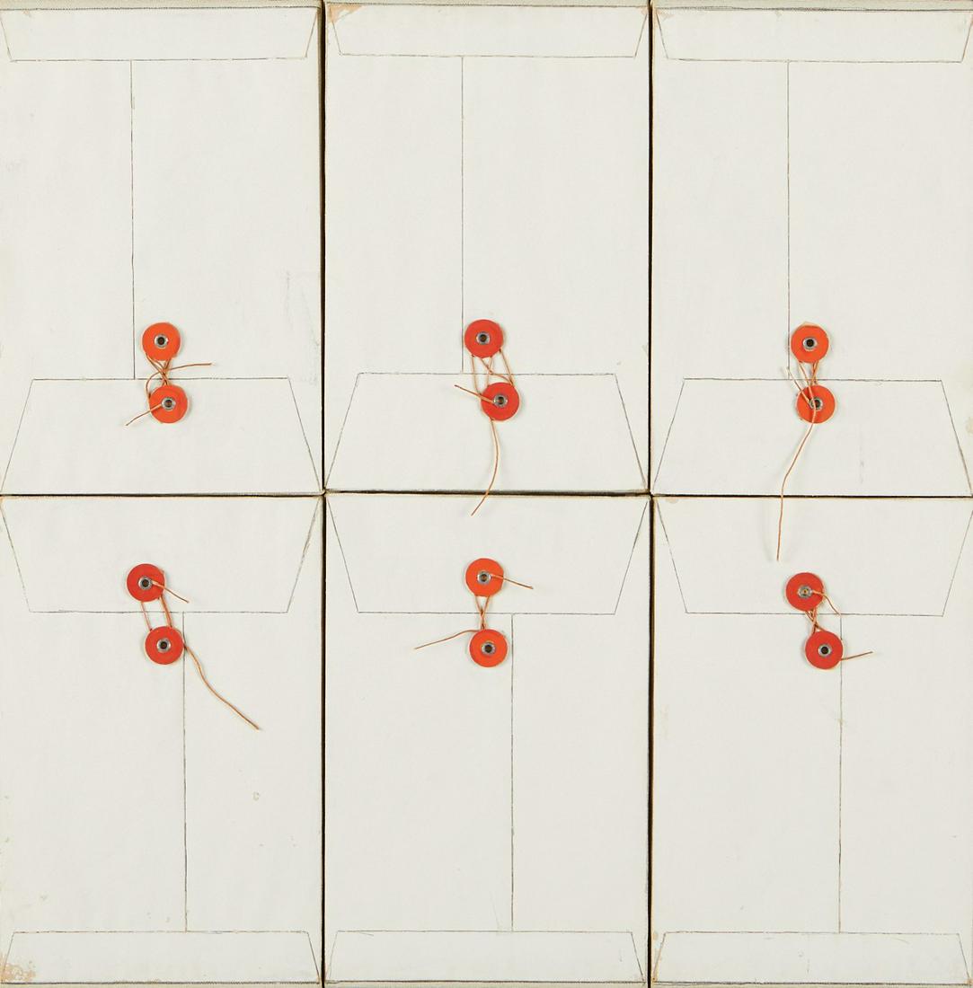 Ernest Trova "Tension Envelope #5" Mixed Media: Ernest Trova (American, 1927-2009). Mixed media envelope collage on canvas titled "Tension Envelope #5" from the artist's "Tension Envelope" series. Signed and titled along the verso. Provenance: Dist