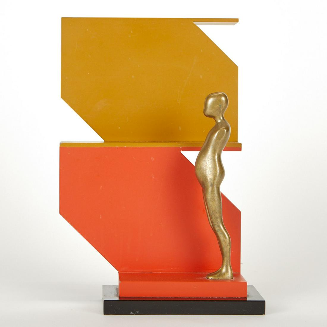 Ernest Trova Falling Man Sculpture Manscape: Ernest Trova (American, 1927-2009). Enameled steel, bronze, and acrylic sculpture titled "Abstract Variation Manscape," depicting Trova's iconic "Falling Man" motif. Incised signature along the unders