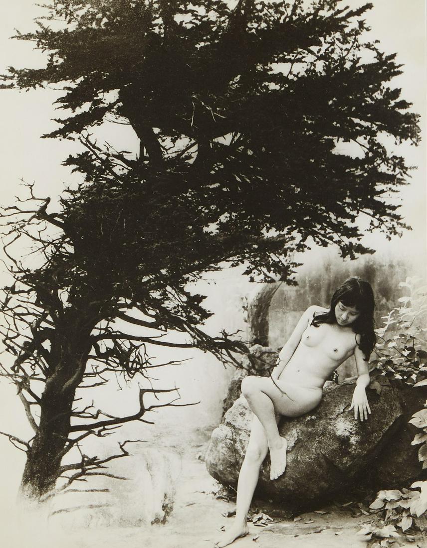 Chin San Long Photograph Nude with Tree Signed Silver: Chin San Long (Lang Jingshan) (Chinese, 1892-1995). Photograph depicting a nude woman reclining against a boulder in a wooded environment. A dramatically silhouetted tree is superimposed over the left