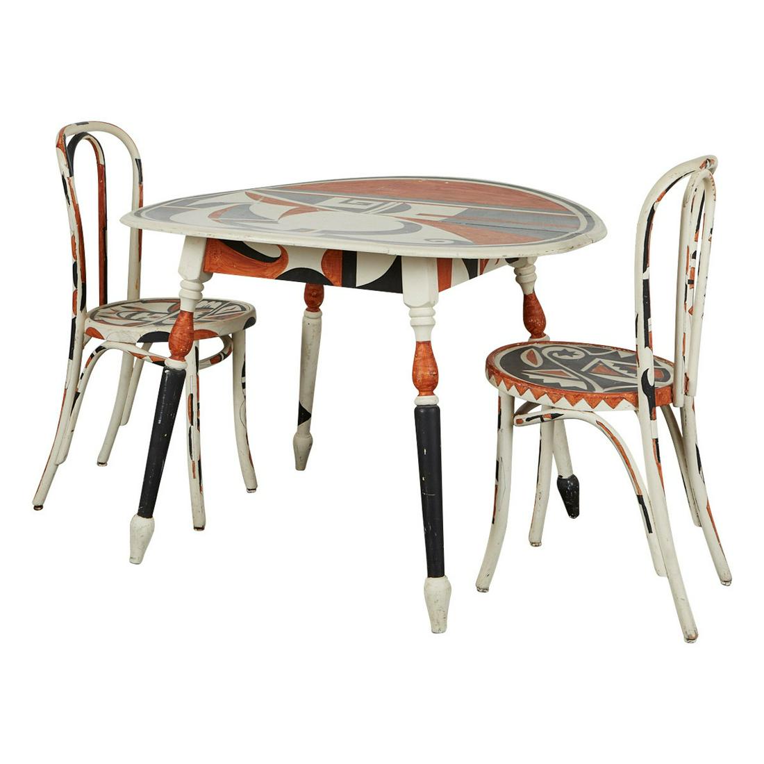 Acoma Painted Table and Chairs: Acoma painted table and chairs, featuring geometric patterns in shades of black, white, and orange. The set consists of one table with two chairs. Inscribed "'Maria' by Arni" and "Edith Nach by Arni"