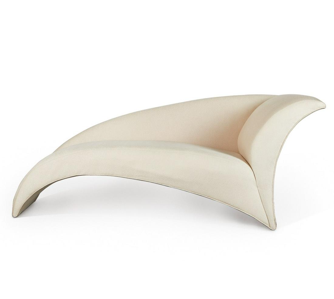 Kagan Directional "Marilyn" Chaise: Vladimir Kagan (American, 1927-2016) for Directional Furniture, United States. "Marilyn" chaise lounge, ca. 1980s. Upholstered in a cream Dalmatian fabric. Height: 30 1/2 in x width: 68 in x depth: 35