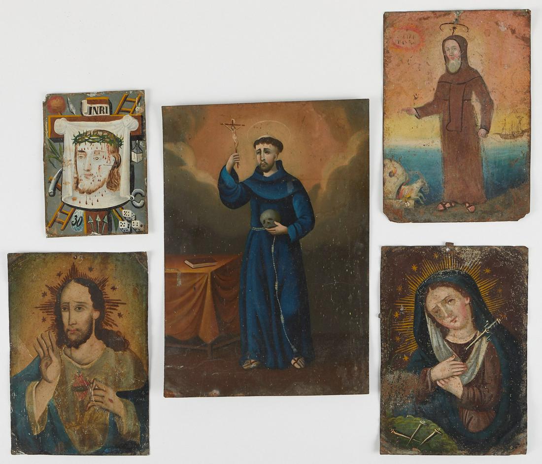 Grp: 5 Mexican Retablos of Mary Jesus Saints (1 of 2)