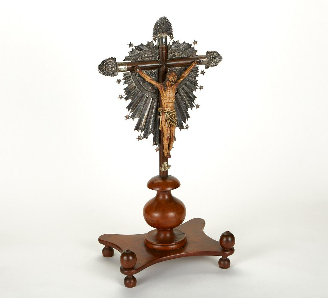 Spanish Colonial Polychrome Wood and Silver Crucifix (1 of 7)
