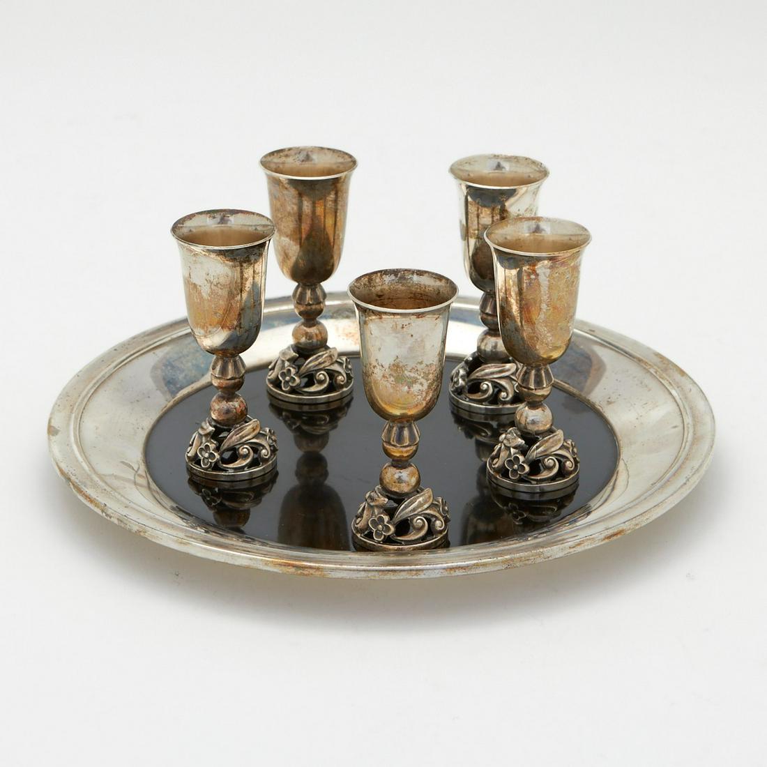 Set of Silver Tray & Cups w/ Enamel (1 of 10)