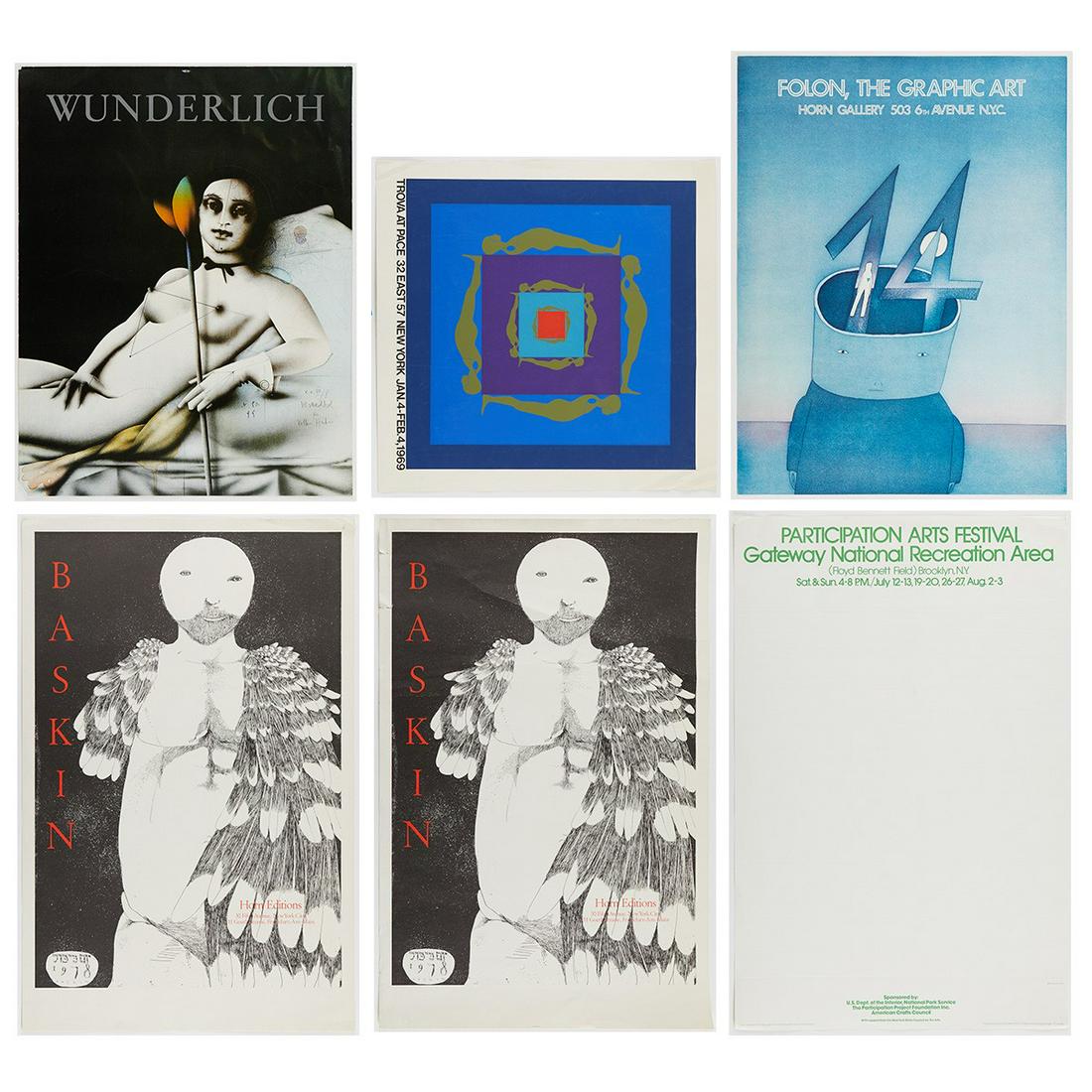 Grp: 6 Art Posters Wunderlich Baskin Trova: Group of six posters for art exhibitions, including posters for Leonard Baskin, Ernest Trova, Paul Wunderlich, as well as Folon, the Graphic Art and the Participation Arts Festival.Height ranges from