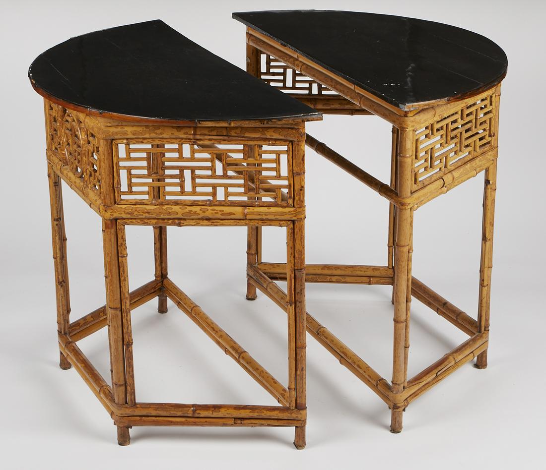Pair of Chinese Bamboo Lacquer Demilune Tables w/ Gilt (1 of 20)