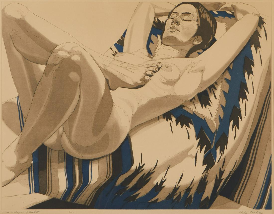 Philip Pearlstein Nude on Mexican Blanket: Philip Pearlstein (American, b. 1924). Etching and aquatint on paper titled "Nude on a Mexican Blanket," depicting a reclining nude woman with her legs crossed. Pencil signed along the lower