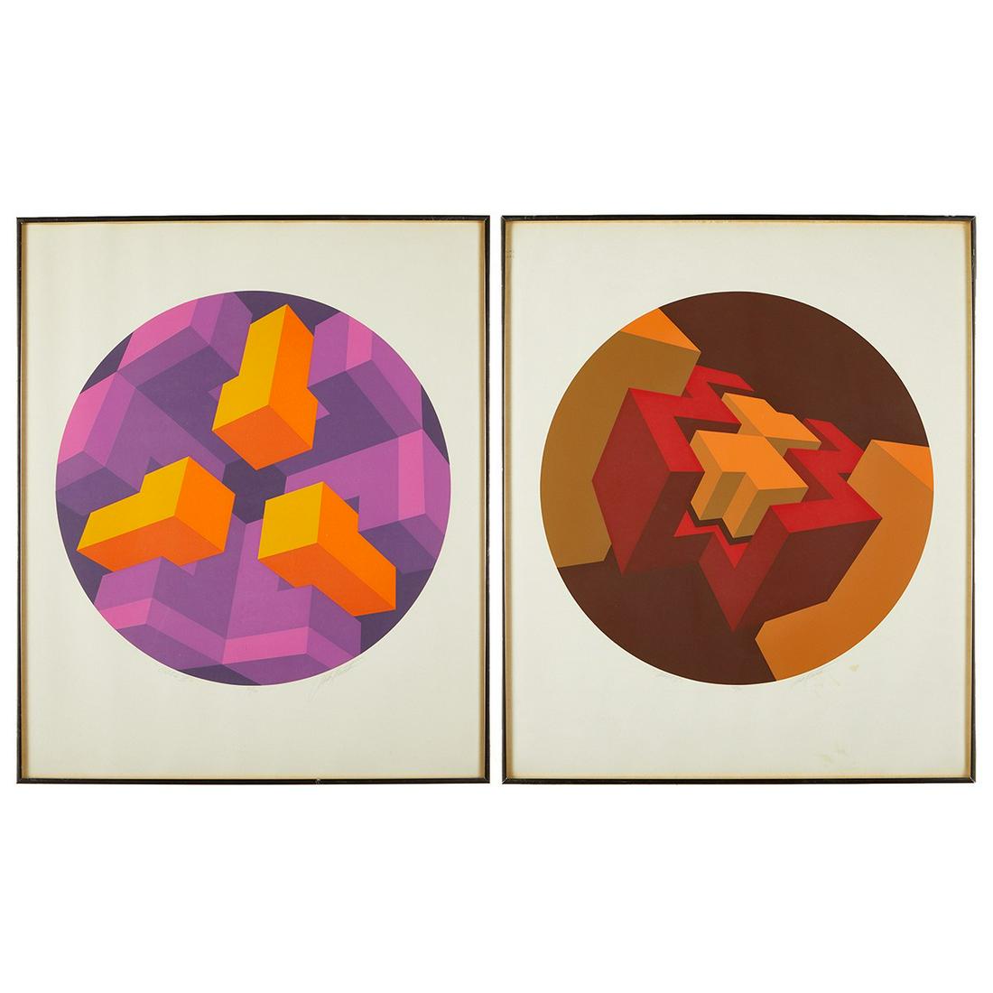 Marko Spalatin Grp: 2 Silkscreen Prints: Marko Spalatin (American, b. 1945). Group of two geometric silkscreen prints, titled "Oblik V" and "Oblik IX." Both pencil signed along the lower right, titled along the lower left
