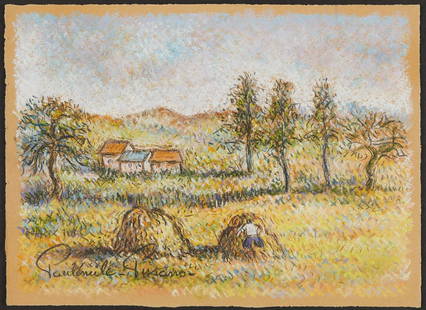 Paul Emile Pissarro Landscape Pastel: Paul Emile Pissarro (French, 1884-1972). Pastel drawing on paper depicting a farm landscape with a farmer napping in a haystack in the forefront. A farmhouse sits behind, surrounded by a grove of tree