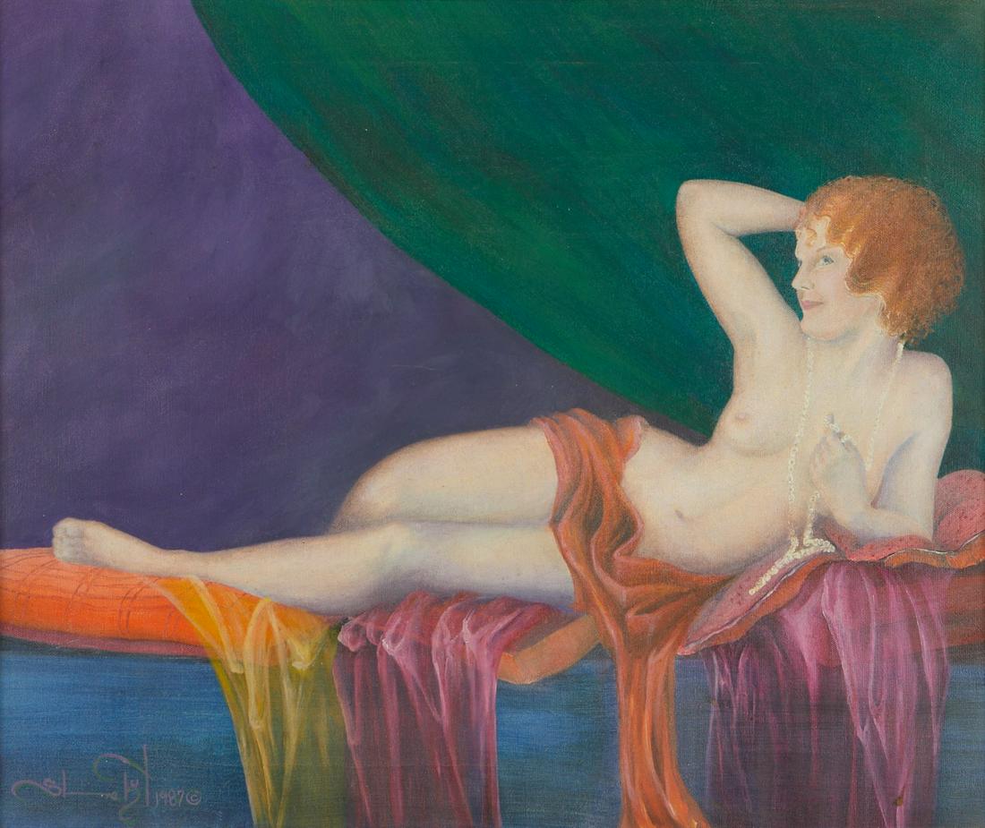 Painting Nude Woman - Illegibly Signed: Oil on canvas painting depicting a nude woman reclining, surrounded by brightly colored drapery. Illegibly signed and dated 1987 along the lower left. Unframed; Height: 20 in x width: 24 in. Framed; H