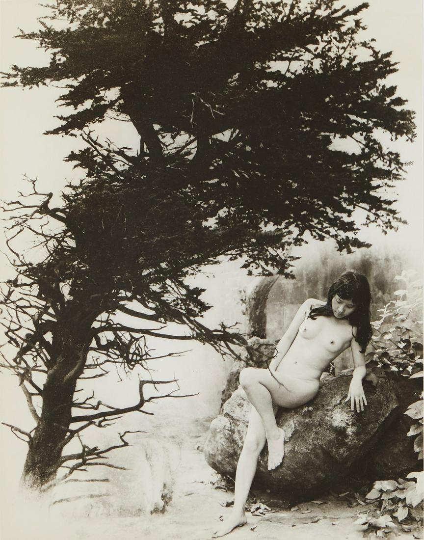Chin San Long Photograph Nude with Tree Signed: Chin San Long (Lang Jingshan) (Chinese, 1892-1995). Photograph depicting a nude woman reclining against a boulder in a wooded environment. A dramatically silhouetted tree is superimposed over the left