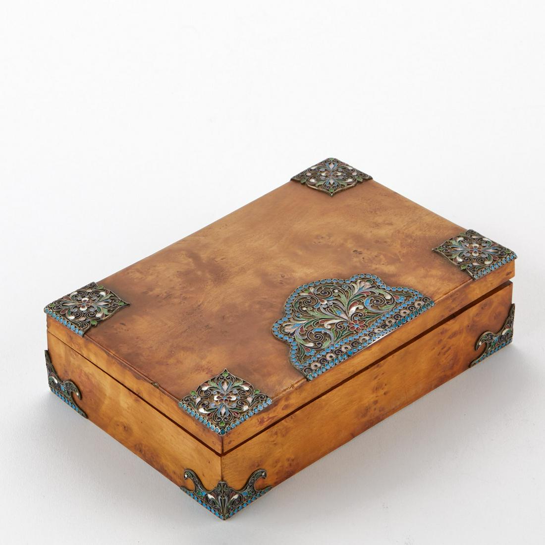 Russian Silver & Enamel Birchwood Cigar Box (1 of 14)