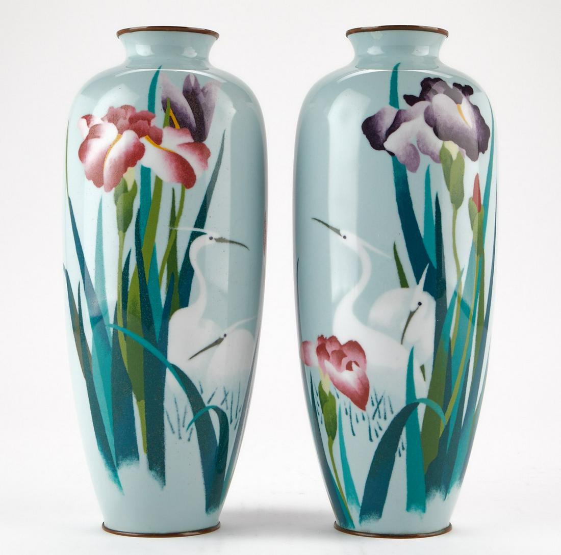 Pr: Japanese Cloisonne Vases w/ Cranes & Irises (1 of 11)
