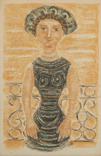 Massimo Campigli Donna Al Balcone Lithograph: Massimo Campigli (Italian, 1895-1971). Lithograph on colored paper titled "Donna Al Balcone," 1956. Pencil signed and dated along the lower right; numbered 72/175 along the lower left.Sight;