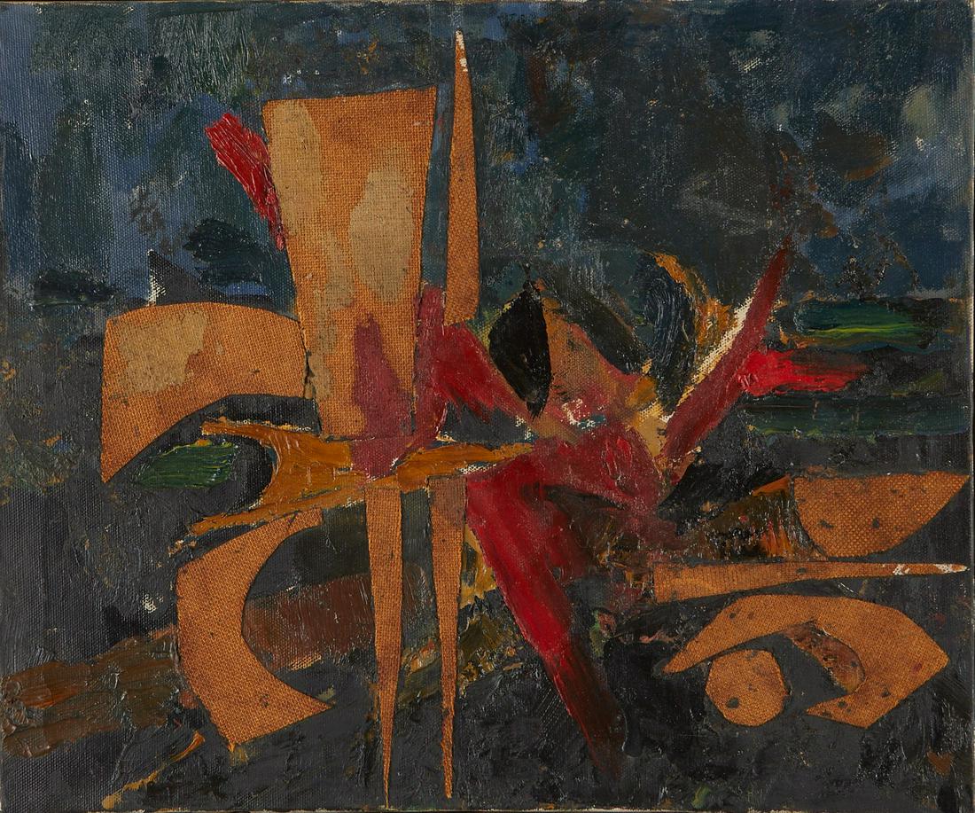 Richard Miller Oil & Collage - Suzuki Collection: Richard Kidwell Miller (American, 1930-2014). Abstract oil and collage painting on canvas. Possibly from the Suzuki Collection. The name of the artist and the Suzuki Collection is inscribed along the