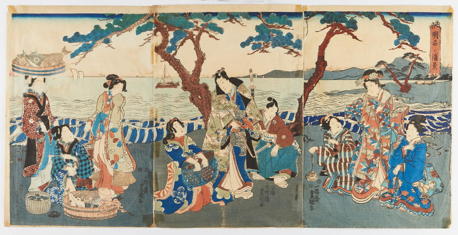 Utagawa Kunisada Ukiyo-e Triptych "Bay of Akashi" (1 of 8)