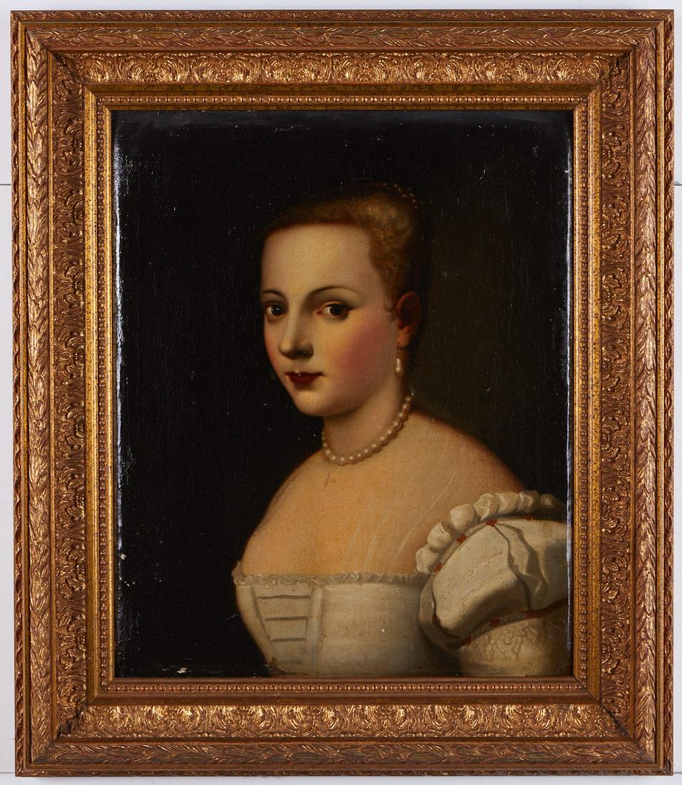 Portrait of a Girl Continental School 19th c.: Continental School, 19th c. Oil on canvas portrait of a young woman in three-quarter view. She is richly dressed in a cream colored dress with pearls, standing out from the dark background. Sight; Hei