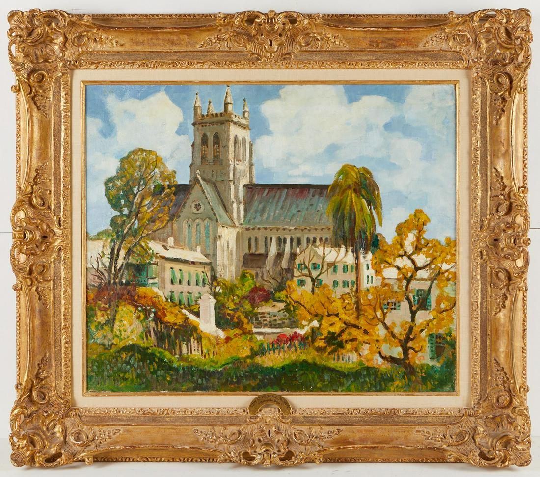 Guy Wiggins "Bermuda Days" Church Painting: Guy Carleton Wiggins (American, 1883-1962). Oil on canvas painting titled "Bermuda Days," depicting a tropical church under bright blue skies. Signed along the lower left. Further signed and