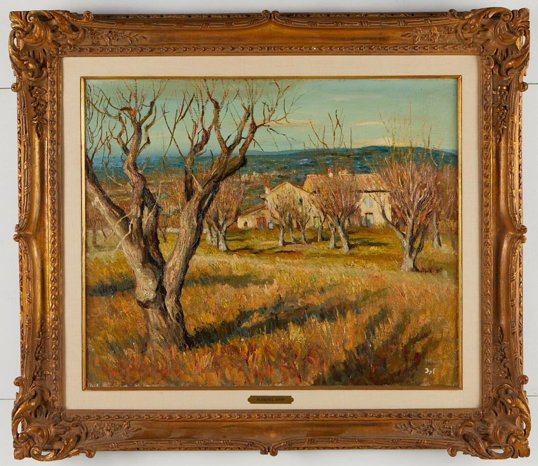 Marcel Dyf Autumn Landscape Painting: Marcel Dyf (French, 1899-1985). Oil on canvas painting depicting an autumn landscape, with the low angle of the sun creating a dramatic shadow of the leafless tree that dominates the foreground of the