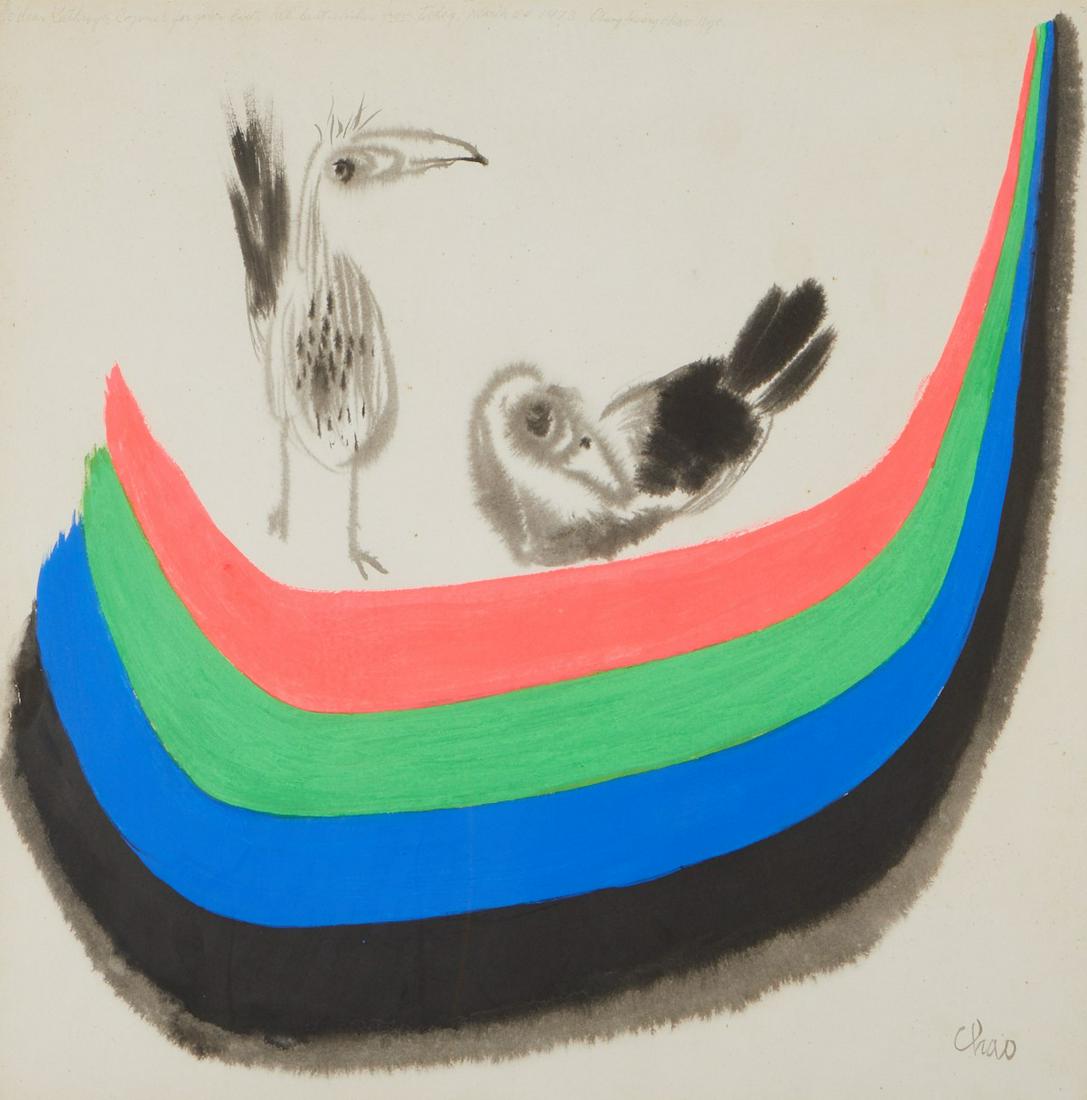 Chao Chung-Hsiang Painting Birds 1973: Chao Chung-Hsiang (Zhao Chunxiang) (Chinese, 1910-1991). Ink and color on paper depicting two birds perched atop an abstract swirl. Signed along the lower right, and inscribed "to dear Kathreyn [