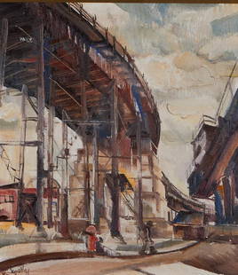 Zoltan Sepeshy "Below the Bridge" Oil Painting: Zoltan Sepeshy (Hungarian/American, 1898-1974). Oil on canvas titled &quot;Below the Bridge,&quot; depicting figures walking under a bridge in an industrial city setting. Signed along the lower left.