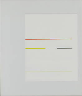 Richard Lin Vermillion and Yellow Aluminum and Oil on Canvas: Richard Lin (Taiwanese/British, 1933-2011). Aluminum and oil on canvas titled "Vermillion and Yellow," 1969, depicting a minimalist composition of thin bands of color and aluminum on a white