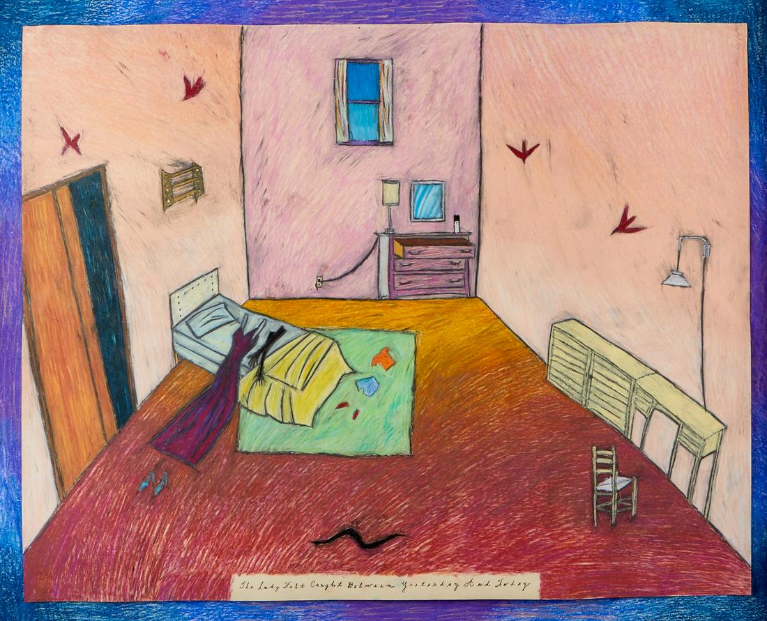 Hollis Sigler "The Lady Felt Caught" Craypas on Paper: Hollis Sigler (American, 1948-2001). Craypas on paper titled "The Lady Felt Caught Between Yesterday and Today," 1981, depicting a bedroom scene with clothes strewn across the floor and bed.