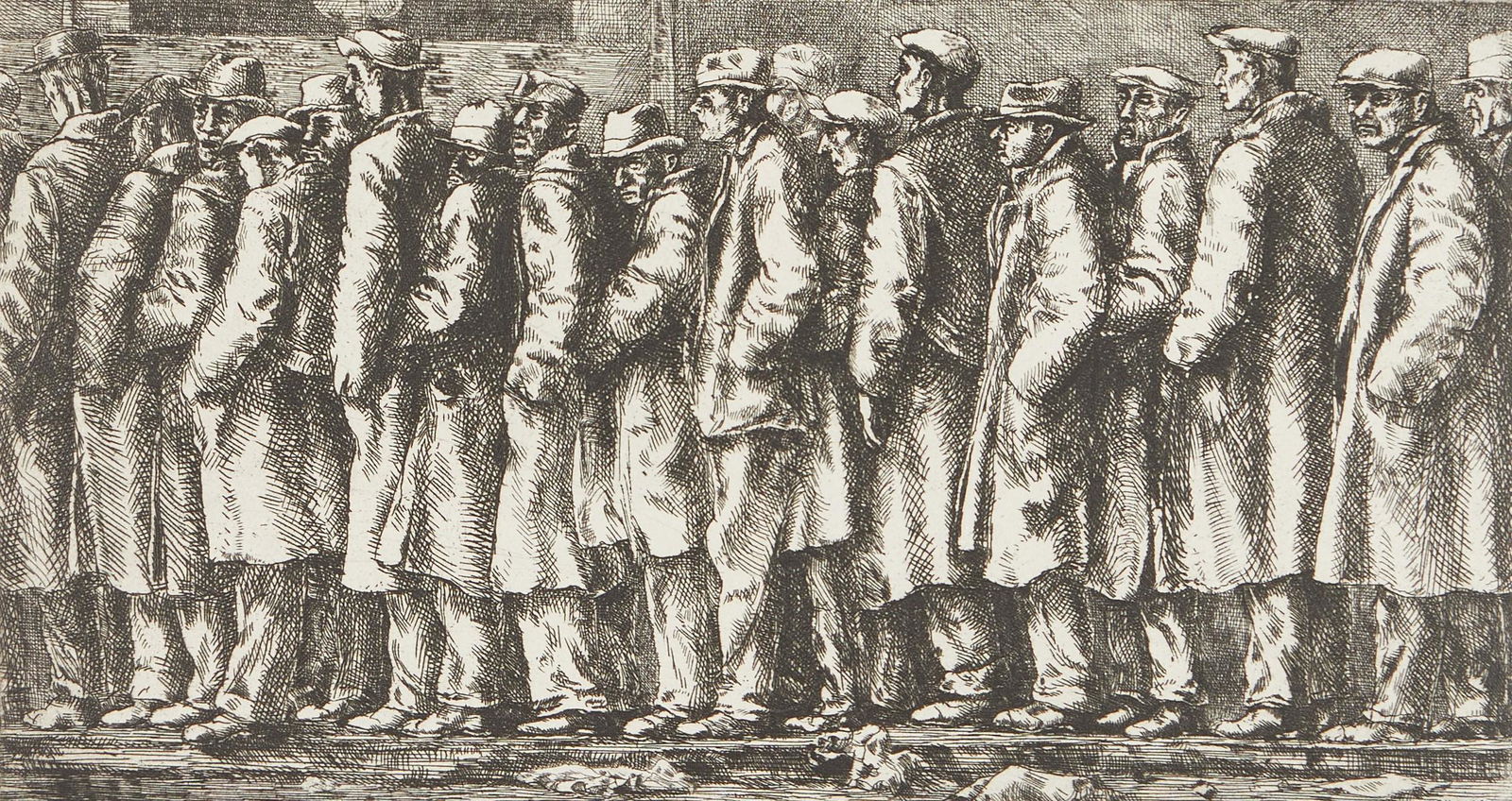 Reginald Marsh "Bread Line No One Has Starved" Etching: Reginald Marsh (American, 1898-1954). Etching on paper titled "Bread Line - No One Has Starved," 1932, depicting a crowded group of men in a bread line. Pencil signed Reginal Marsh by Marsh's widow, F