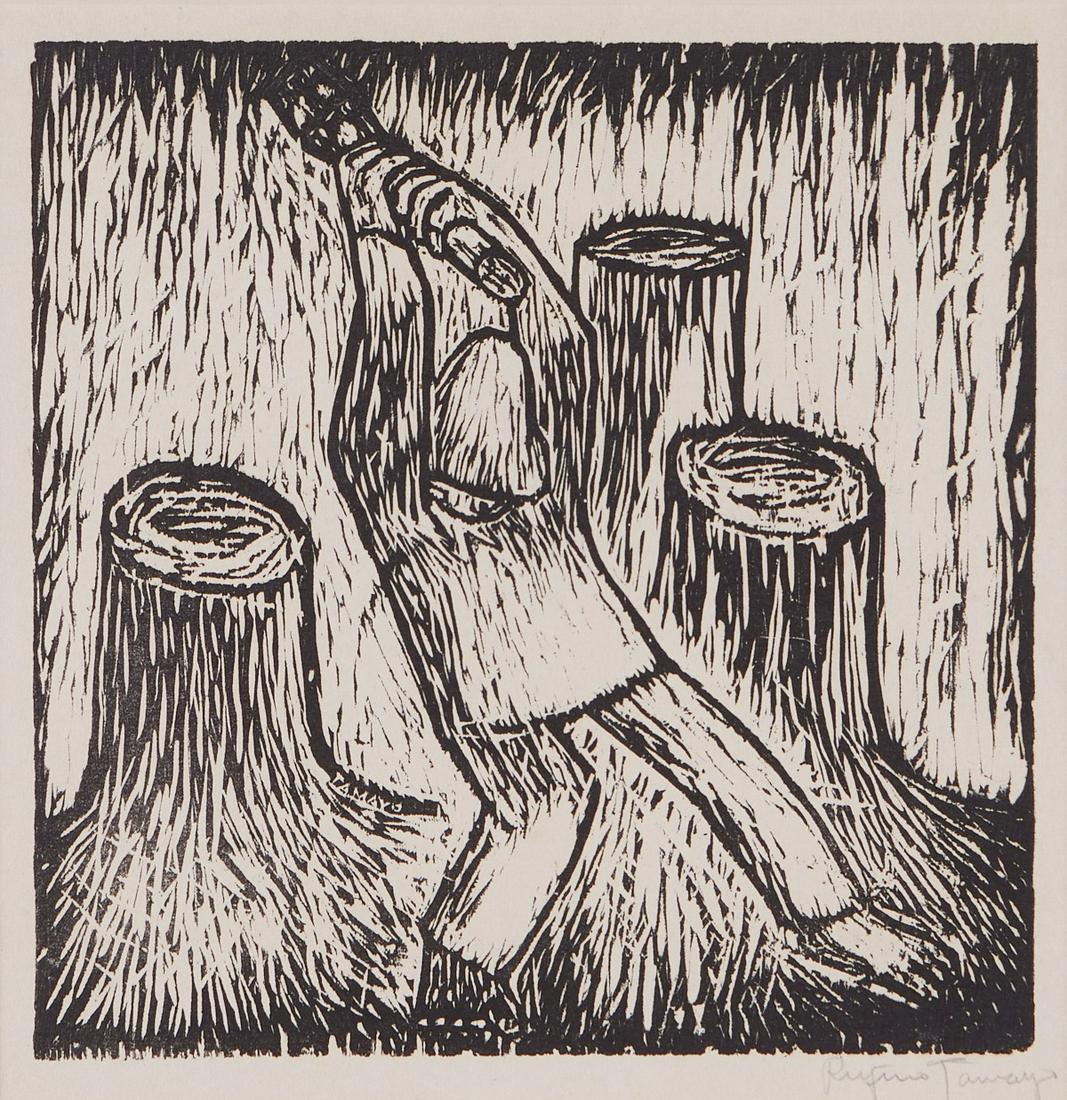 Rufino Tamayo Woodchopper Woodcut: Rufino Tamayo (Mexican, 1899-1991). Woodcut on Japon paper titled "Woodchooper," ca. 1926-1928, depicting a figure wielding an axe, surrounded by tree stumps. Pencil signed along the lower r