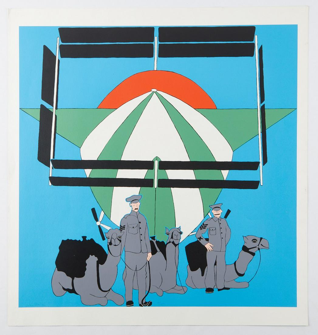 John Wesley "Anglo-Egyptian Camel Corps" Serigraph: John Wesley (American, 1928-2022). Serigraph on paper titled "Anglo-Egyptian Camel Corps with a French Dirigible," 1970. Pencil signed along the lower left and numbered 19/150 along the lowe