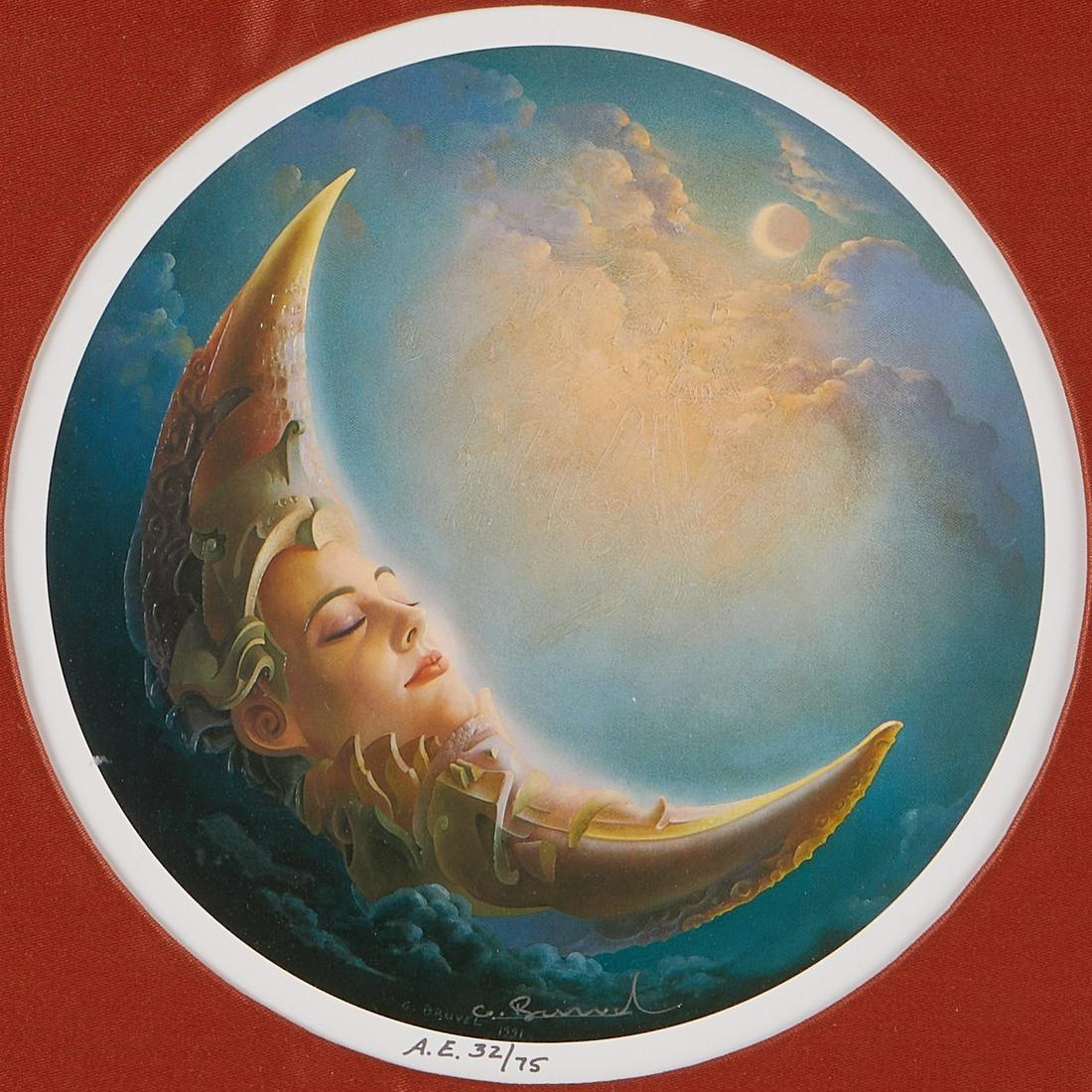 Gil Bruvel Embossed Giclee Print: Gil Bruvel (French, b. 1959). Round embossed giclee print depicting a crescent moon with a woman's face. Signed and dated 1991 in the plate along the lower edge and additionally signed in silver ink.