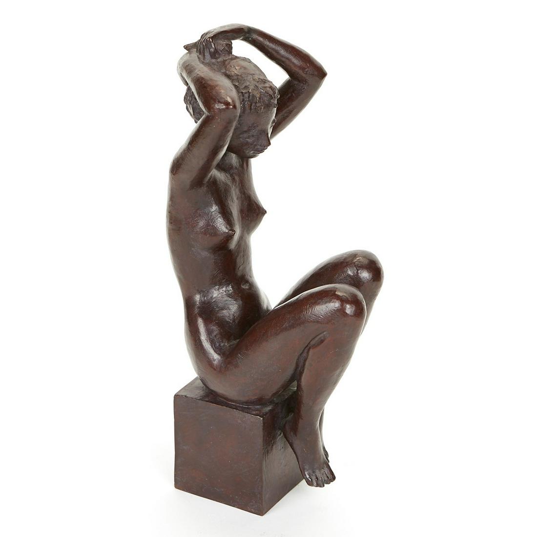 Coquillay Bronze Sculpture Woman Arranging Hair: Jacques Coquillay (French, b. 1935). Bronze sculpture depicting a nude woman seated, arranging her hair. Signed, numbered 2/8, and impressed with the foundry mark along the base. Provenance: Collectio