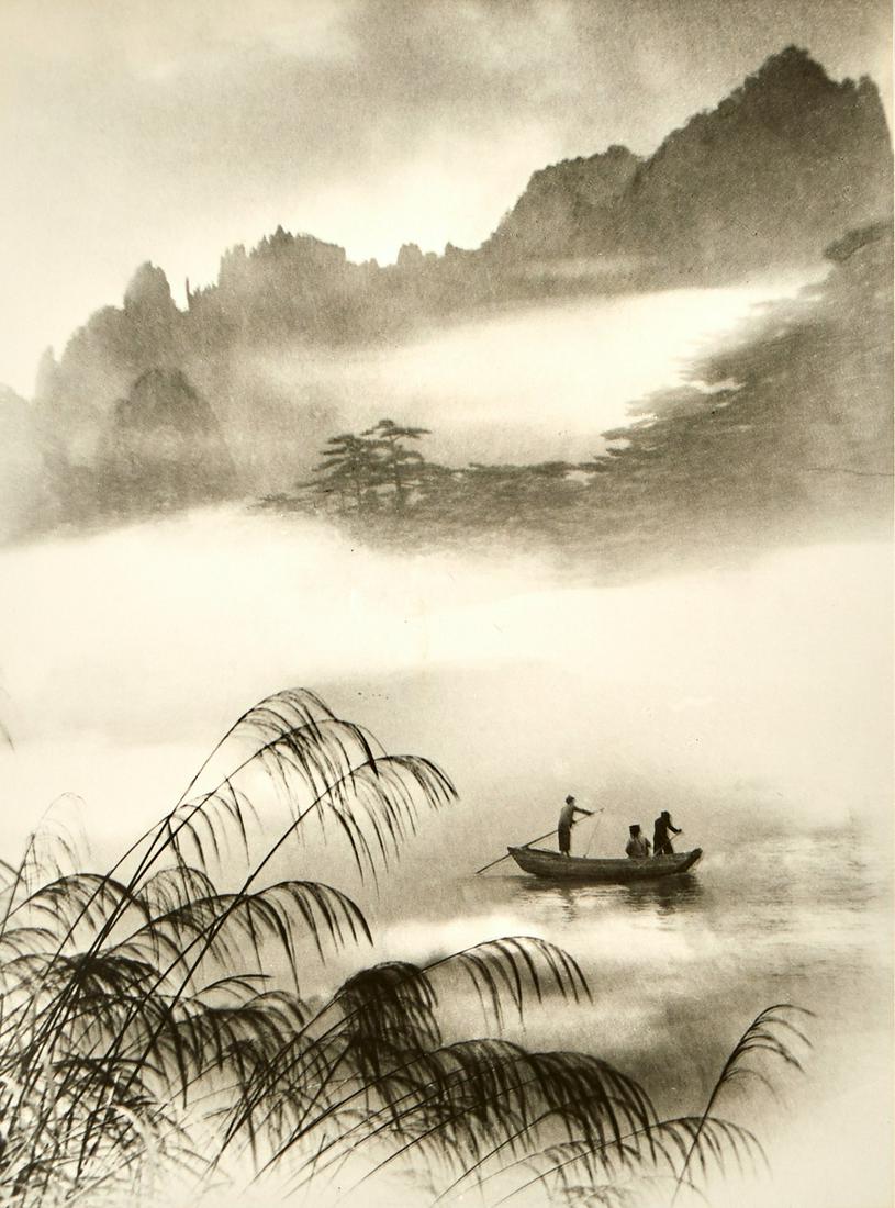 Chin San Long Photograph - An Excursion: Chin San Long (Lang Jingshan) (Chinese, 1892-1995). Photograph titled "An Excursion," depicting three figures in a boat on a misty river. Silver gelatin print. Hand signed to the backing alo