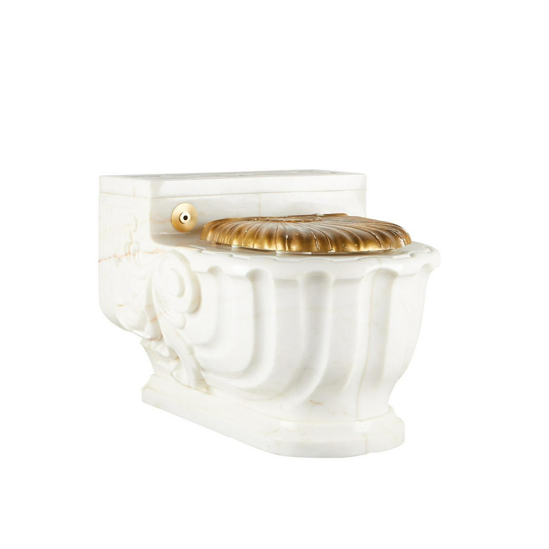 Sherle Wagner Carved Marble Toilet: Sherle Wagner, United States. Carved Italian marble toilet with a gilded wood lid. The toilet features a lovely scroll and flourish design. Most modern porcelain toilets fit underneath.Height: 21 1/4