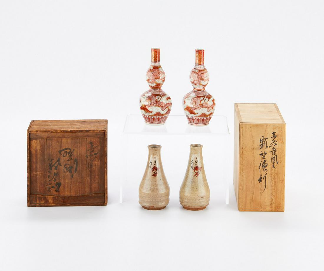 Grp: 4 Japanese Ceramic Sake Bottles 2 Pairs (1 of 16)