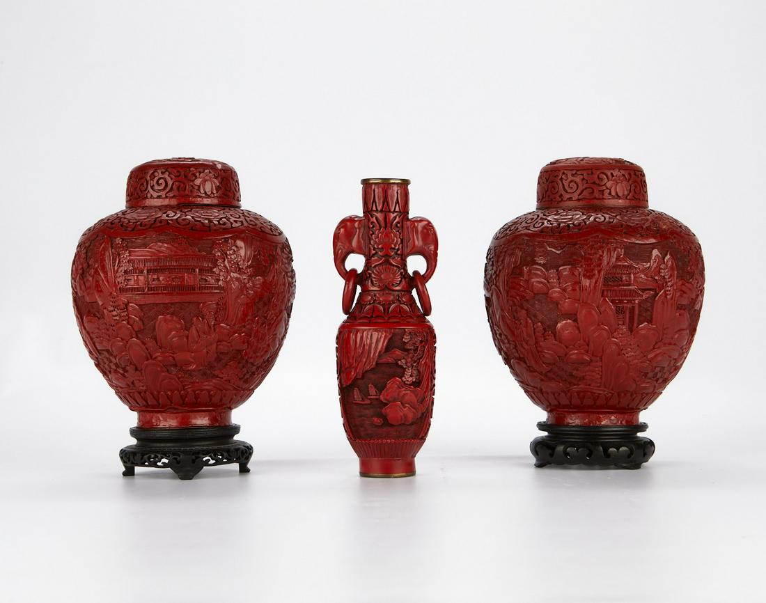 Grp: 3 Chinese Cinnabar Lacquer Ginger Jars and Vase (1 of 14)