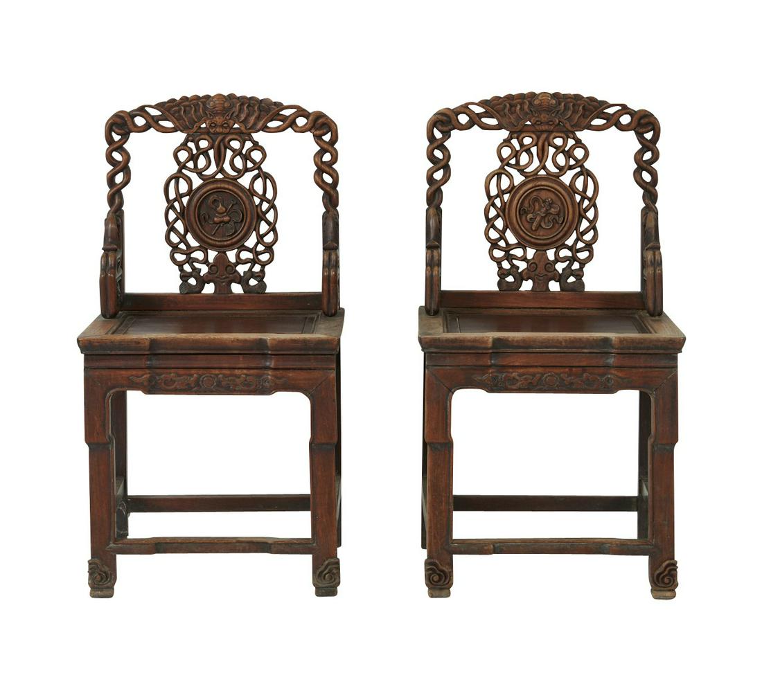 Pr. 19th c. Chinese Chairs w/ Braided Carving Bats (1 of 8)