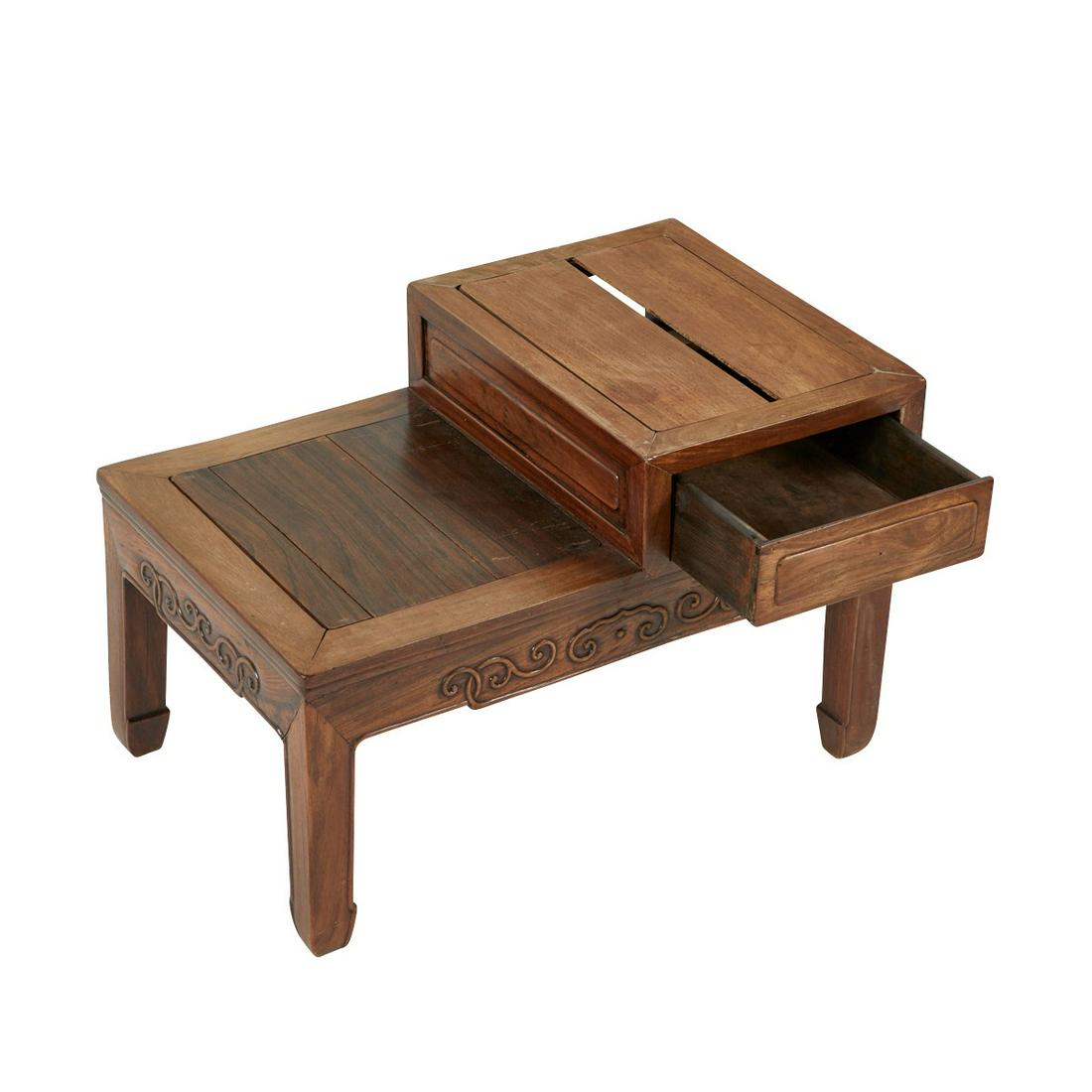 Chinese Hardwood Low Scholar's Shelf: Chinese low scholar's shelf, of a fine hardwood, possibly huali. The upper section with one drawer. The frame with carved scrolling decoration in low relief, raised on square legs terminating in hoof 